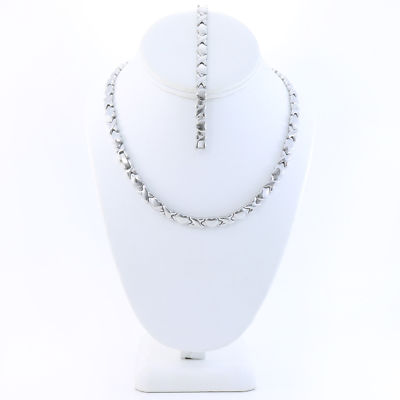 Hugs Kisses XOXO Necklace Bracelet Set Stampato Stainless Steel Silver Tone  18