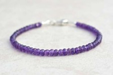 925 Sterling Silver Natural Amethyst Stone 3-4 mm Smooth Rondelle Bracelet 7