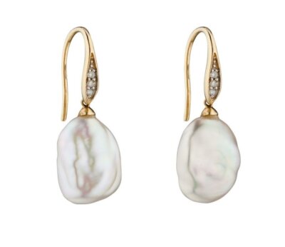 Ohrringe Elements 9 Karat Gelbgold Diamant und weiße Keshi Perlen