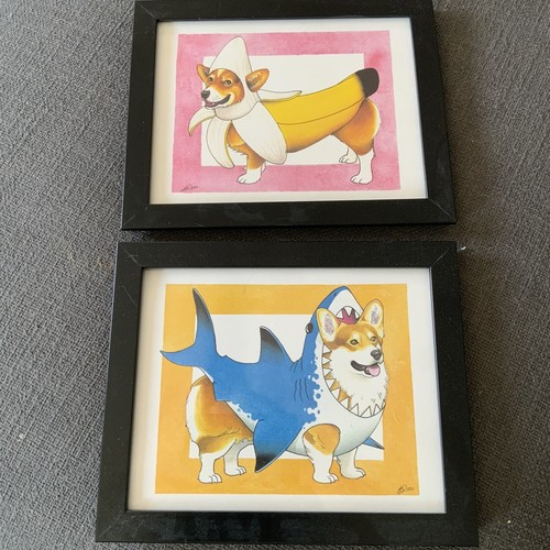 Pair of Framed Corgi Shark and Corgi Banana Prints - 8x10 - 2017, 2018