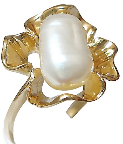 14k-y Gold Süßwasser Perle Plumeria Blume Ring - Bild 4 von 6