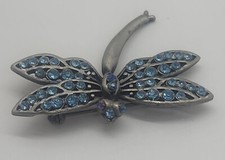 Vintage silver tone blue rhinestone Dragonfly insect brooch pin