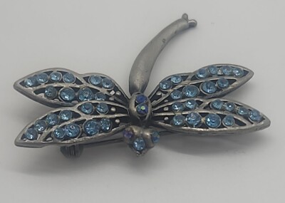 Vintage silver tone blue rhinestone Dragonfly insect brooch pin