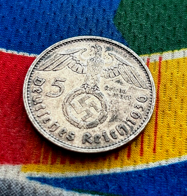 1936 F 5 Mark German WW2 Silver Coin Third Reich Reichsmark Toned