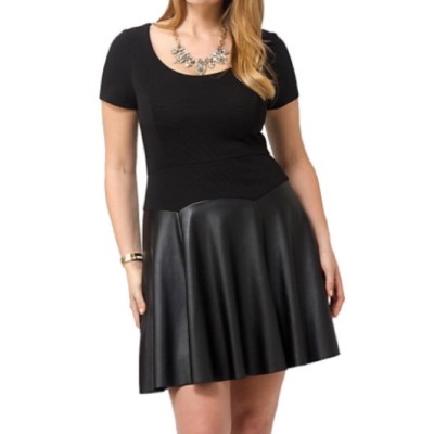 ABS by Allen Schwartz Dress M Medium Fit & Flare Faux Leather Short Sleeve Black