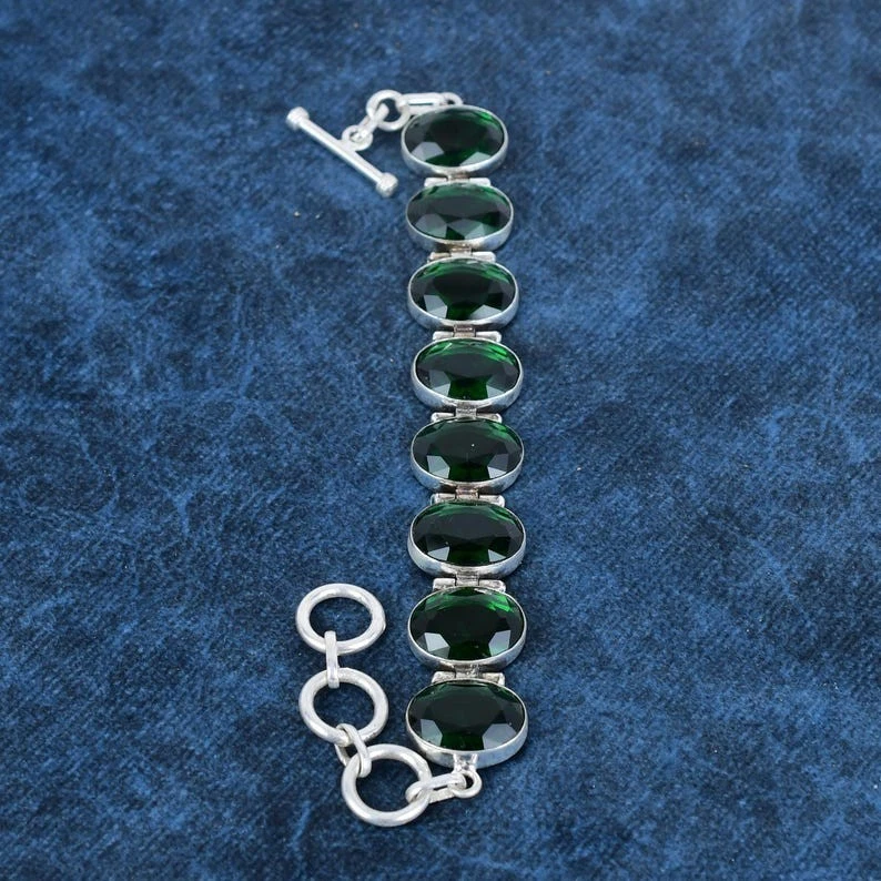 Green Chrome Diopside Gemstone 925 Sterling Silver Jewelry Bracelet Size 7-8" - Image 2 of 4