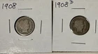 1908 Barber Dime, Silver, 2 Coins , D, NM, G,10¢, Circulated