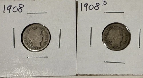 1908 Barber Dime, Silver, 2 Coins , D, NM, G,10¢, Circulated