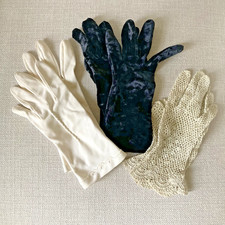 Vintage Gloves Lot 3 Pairs 1950s-1980s White Satin Crochet Velvet Mixed Costume