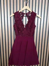 Lulus Skater Dress XS Womens Red Tale Burgundy Open Back Lacey Bodice