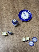 10 Piece Vintage Ceramic Handmade Tiny Tea Set Blue  White Miniature Pretend
