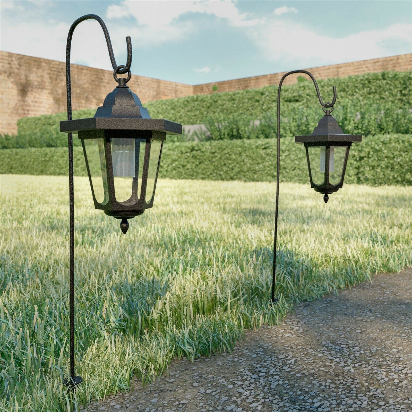 2 Pack LED Solar Hanging Lights Coach Lanterns on Shepherds Hook Metal Pole thumbnail 4