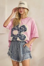 Sage  Fig Oversized Boho Floral Denim Patch Washed Tee Shirt Top in Pink