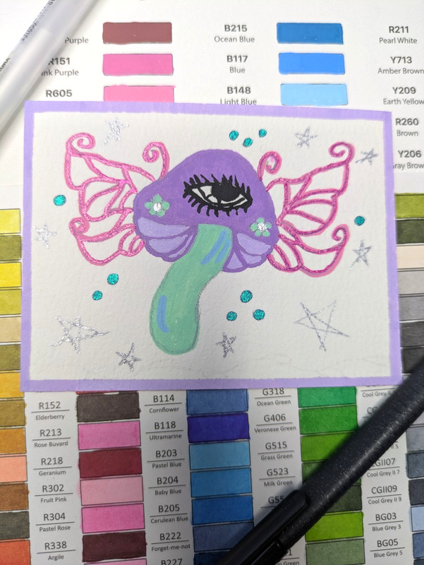 ACEO 2.5X3.5 Original Art Card Acrylic Painting Whimsy Mushroom Fairy Fruit