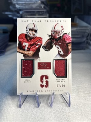 JOHN ELWAY RICHARD SHERMAN 2015 NATIONAL TREASURES DUAL GAME WORN JERSEY /99