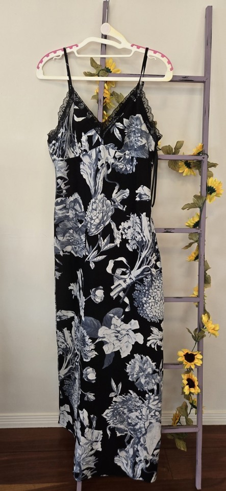 Valleygirl Size 14 Black White Floral Slip Maxi Dress V-Neck Satin Lace Trim