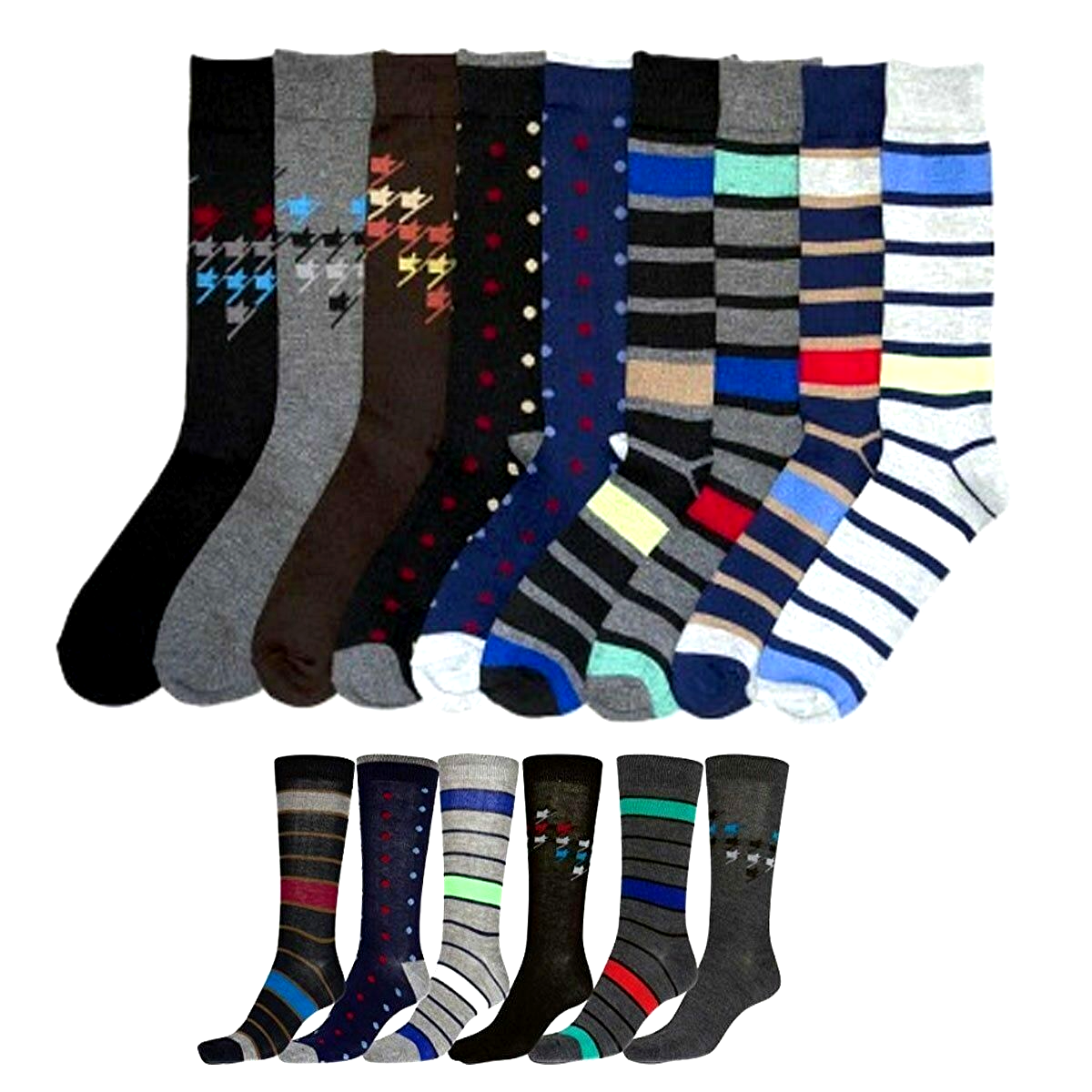 6 Pairs Mens Dress Socks Men Fashion Assorted Print Crew Design Stripe