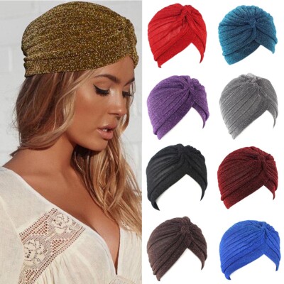 Bling Gold Silk Headband Knot Twist Turban Cap Warm Headwear Casual Indian Hat