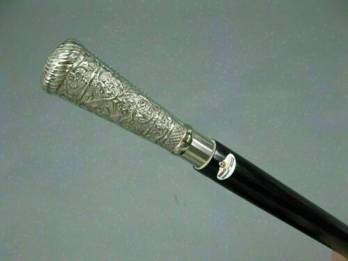 Vintage Antique Solid Silver Brass Pillar Head Handle Wooden Walking Stick Cane - Picture 1 of 3