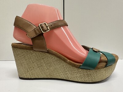 Clarks Artisan women size 10M Brown Teal leather wedge platform buckle  sandal
