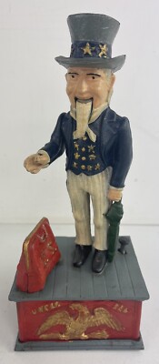 Vintage Uncle Sam Cast Iron Mechanical Coin Bank Reproduction