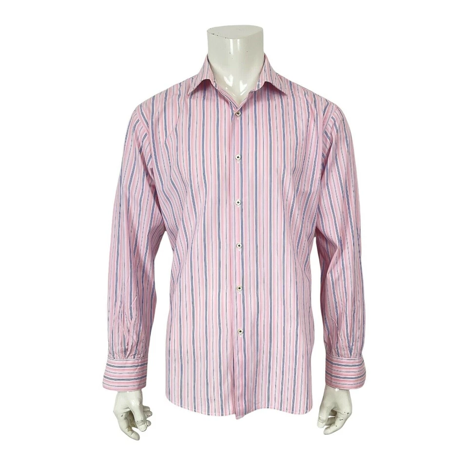 Camisa de vestir a rayas Gianni Orvietto para hombre 17-36 algodón súper fino Italia rosa azul Foto 3 de 4