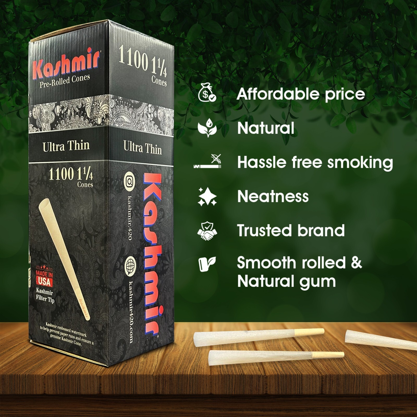 Kashmir Pre Rolled Cones 1-1/4 Bulk Pack Ultra-thin Rolling Paper Cones: 1100 Ct