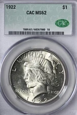 BU 1922 Peace Silver Dollar CAC CACG MS62 RZMM
