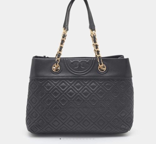 TORY BURCH QUILTED FLEMING BLACK CHAIN TOTE BAG PURSE