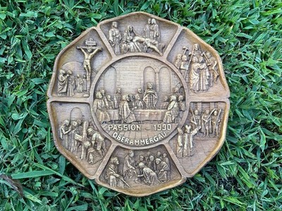 German PASSION 1990 OBERAMMERGAU Carved 3D relief Plaque Plate 9'' Last supper +