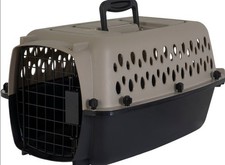 Hard-Sided Plastic Pet Carrier w/ Metal Door  Handle, Black/Tan 19x12.3x10.8