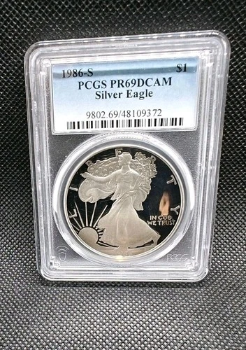 KeyD 1986-S 1oz Proof American Silver Eagle PCGS PR69 DCAM .999 Ultra Cameo Coin