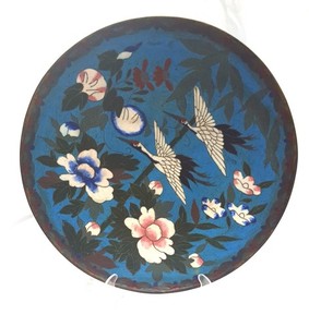 BEAUTIFUL 19TH 20TH CENTURY JAPANESE ANTIQUE CLOISSONE ENAMEL PLATE HERON FLOWER