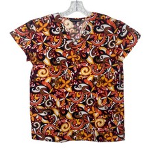 Cassandra O Scrub Shirt Top Womens Small Orange Yellow New Abstract Pattern