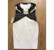 NEW LIPSY Size 10 UK Black White Bandeau Cornelli Lace Bodycon Monochrome Dress