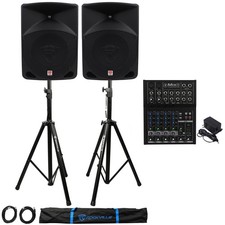 2 Rockville RPG10 10" Powered/Active 1200W 2-Way Speakers Mackie Mixer 2 Stands