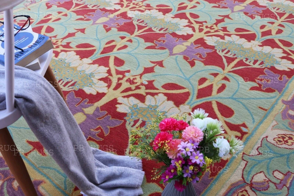 William Morris Cecil Red Handmade Tufted Floral Design Woolen Area Rug & carpet - Image 3 of 4