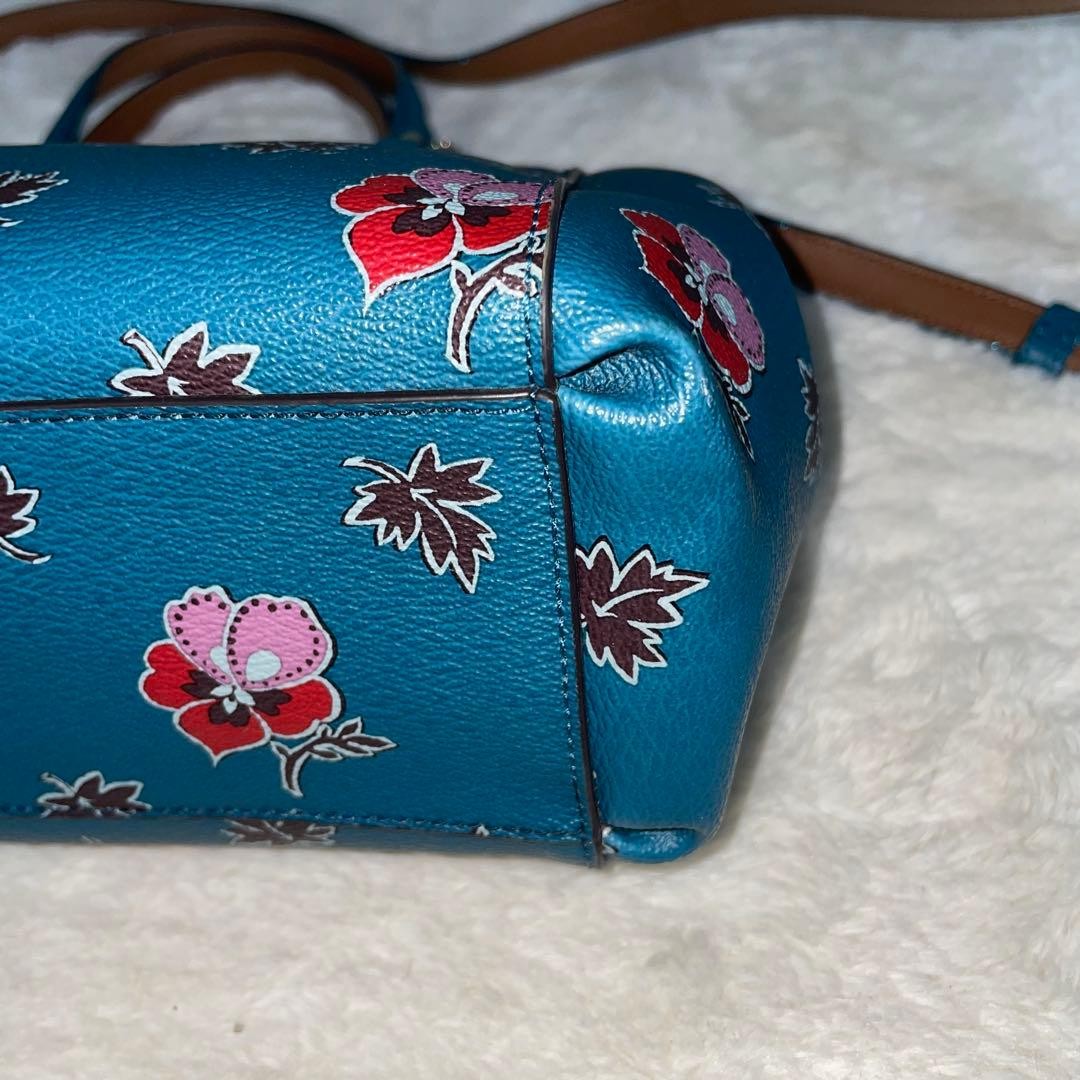 COACH 2way Shoulder Bag Floral Pattern Rose Handbag Leather Blue   Authentic thumbnail 23