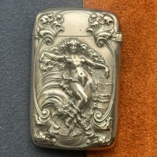 GORHAM STERLING SILVER ART NOUVEAU REPOUSSE FIGURAL NUDE MATCH SAFE SCROLLWORK!