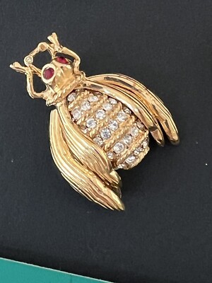 Vintage Signed CINER Bee Bug Insect Rhinestone Pin Brooch Faux Ruby Red Eyes