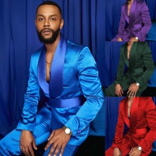 Silk Satin Men Suits Shawl Lapel with Belt Formal Wedding Dinner Party Tuxedos