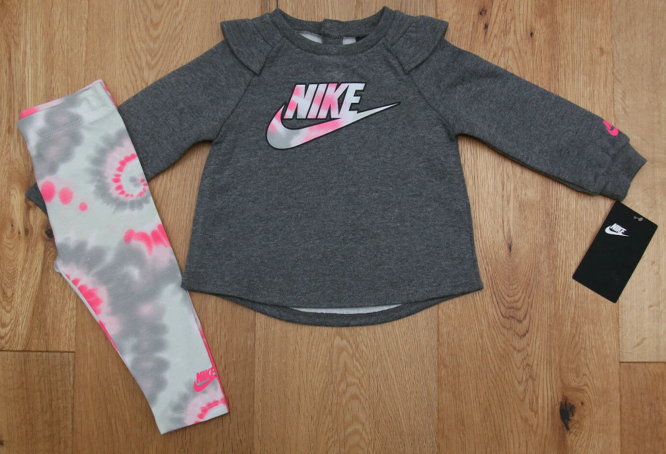 Nike Baby Girl Sweatshirt & Legging Set ~ Gray, White & Pink ~ Tie-Dye ~ 6M & 9M