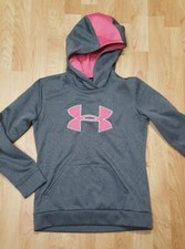 Under Armour Girl YMD Big Logo Storm Gray/Pink L/S Hoodie Sweatshirt EUC