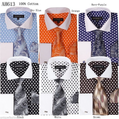 Men's Polka Dot, dress shirt with tie and hanky Brown/White Dot All ...