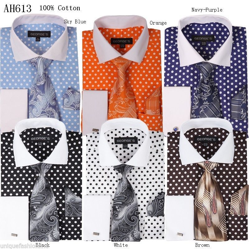 Cotton Blend White Solid/Polka Dot Pattern With Tie & Hanky Men's Dress Shirt main image 1