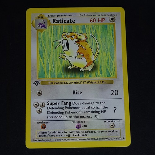 1999 POKÉMON 1ST ED GREY STAMP ERROR SHADOWLESS RATICATE #40/102 CARD WOTC BASE - Picture 2 of 3