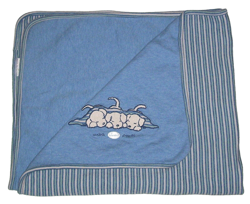 VTG Carters Classics Puppies 3 Puppy Dog Baby Blanket Blue Green Stripe Cotton