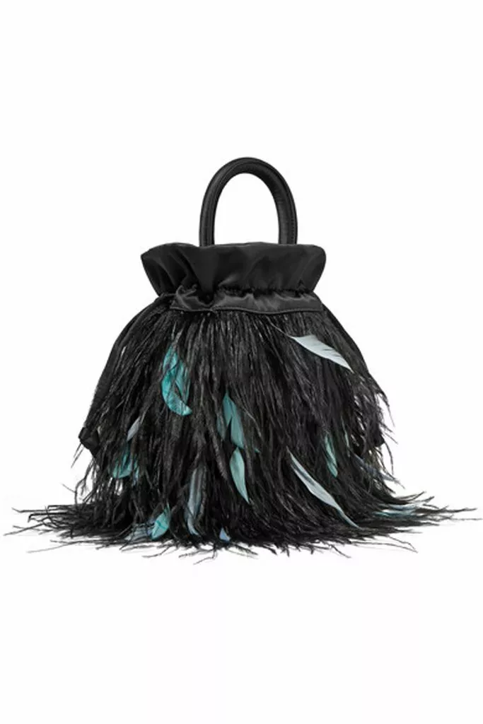 RIXO Black Satin and Feathered Flapper Style Mabel Bag S