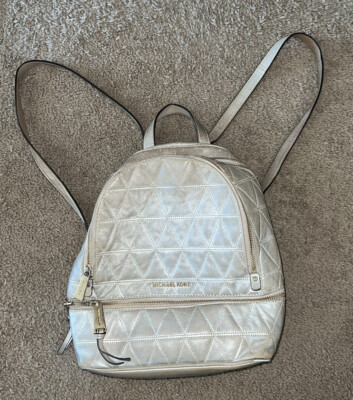 Michael Kors Leather Gray Quilted Backpack with Silver Hardware Rhea Medium Metallic Quilted-Leather Backpack | Michael Kors  main image 4