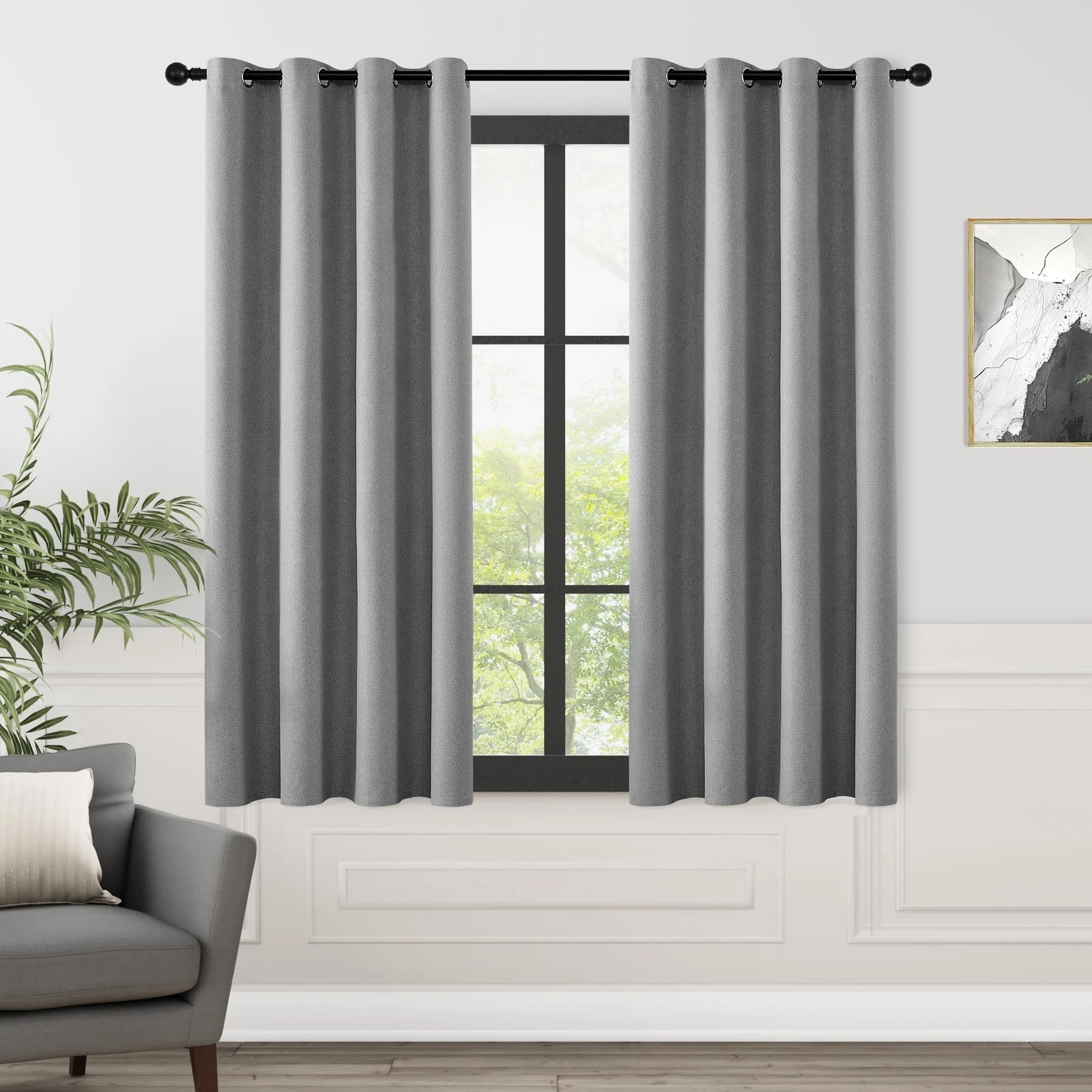 ChrisDowa 100% Blackout Grey Linen Curtains 63 Inches Long 2 Panels for Bedro...